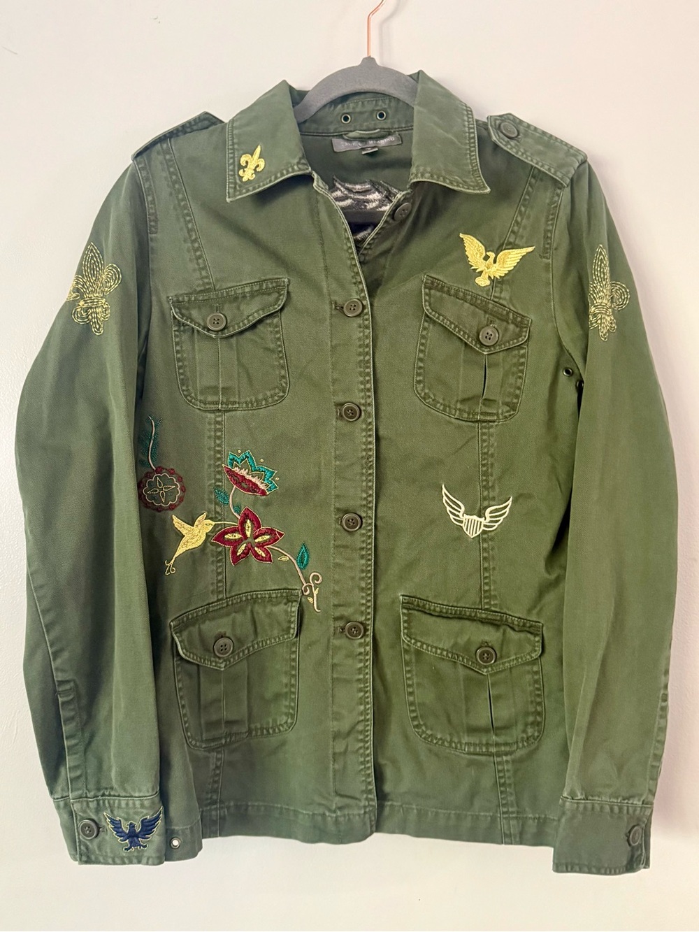 True Meaning Embroidered Military Utility Field Jacket - Olive Green M
